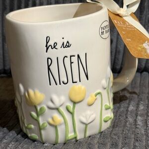Rae Dunn White Ceramic Mug with 3D Floral Pattern ‘He is Risen’ New